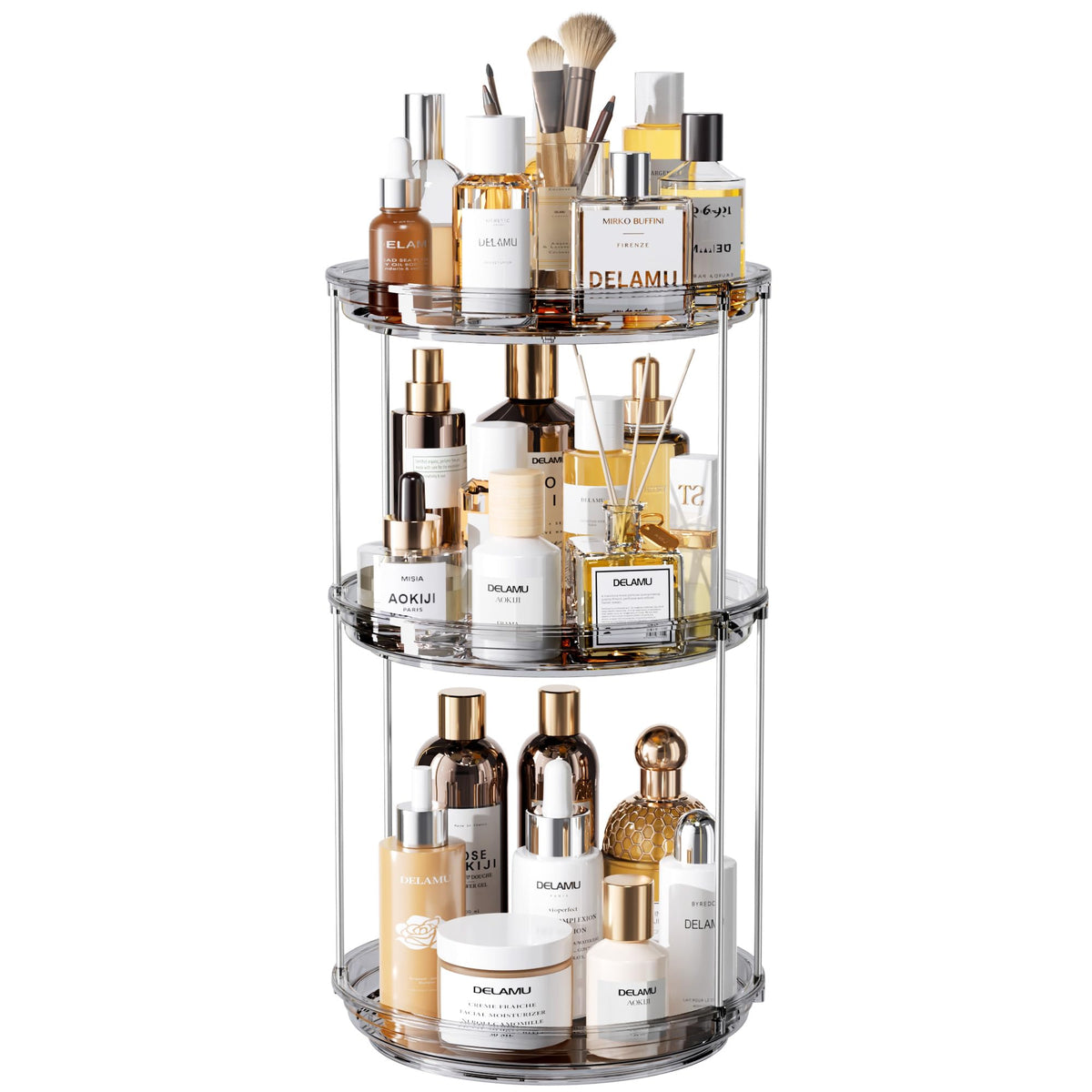 Delamu Rotating Makeup Organizer for Vanity, 2 Tier Bathroom Counter Organizer with Stackable Design, Spinning Skincare Organizer for Bathroom Countertop, Perfume Cosmetic Storage, Clear