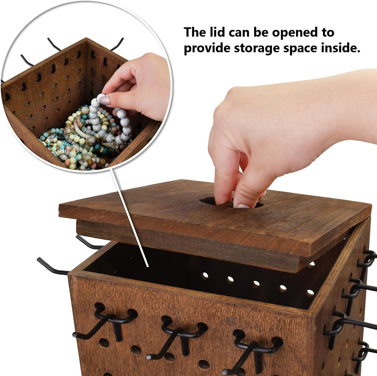 MOOCA Rotating Wooden Jewelry Display with 48 Hooks, Brown