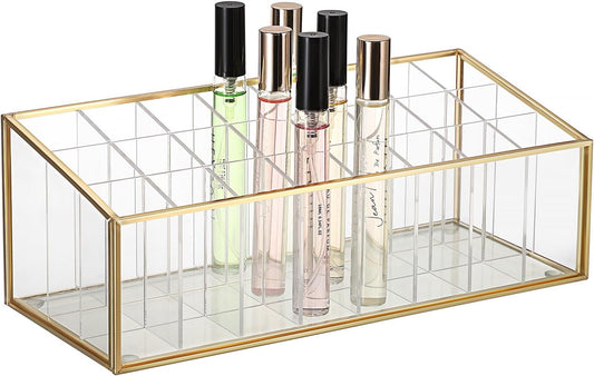 ELLDOO Rollerball Perfume Organizer, 24 Acrylic Spaces Glod Glass Perfume Storage Holder Beauty Scent Holder, Makeup Lipgloss Lipstick Display Case