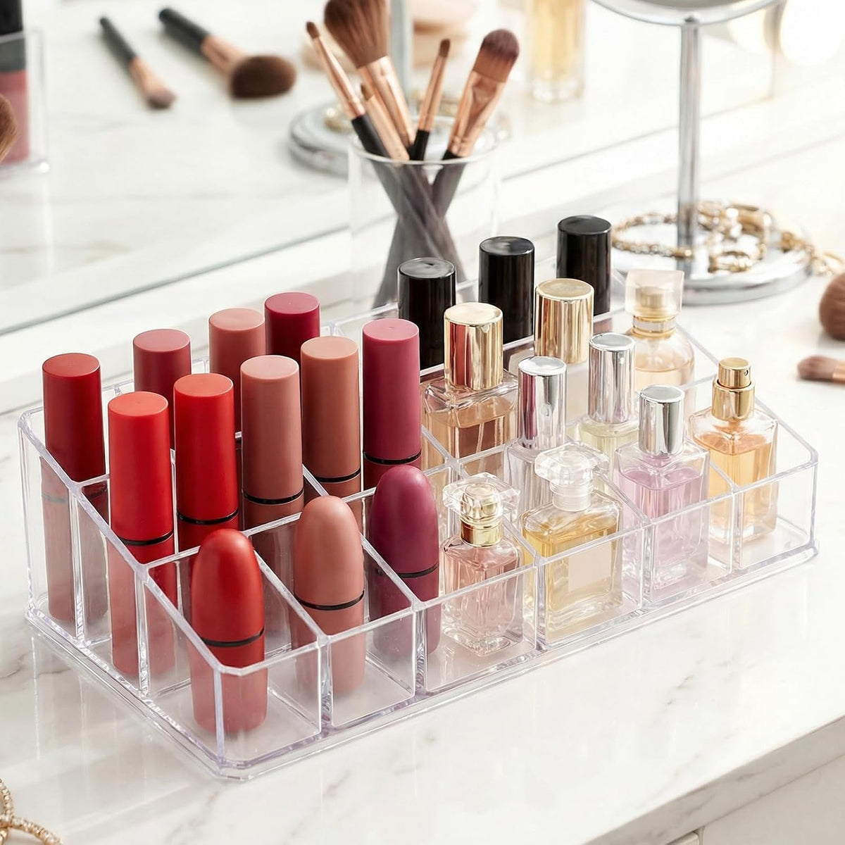 3 Pack Clear Acrylic Rollerball Perfume Organizer, 36-Space Tall Lipstick & Lipgloss Display Case, Scented Oil Storage Holder for Vanity, Dresser, Salon - 10.04"x4.61"x2.24"