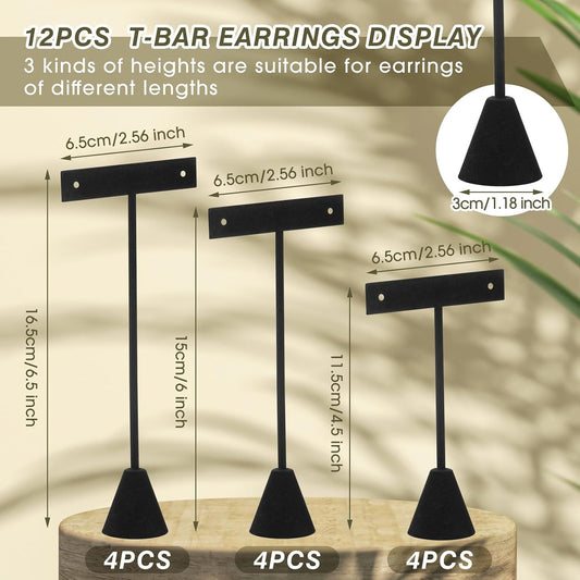 Marsui 12 Pcs T Bar Earring Display Stand Set with 3 Heights,Black