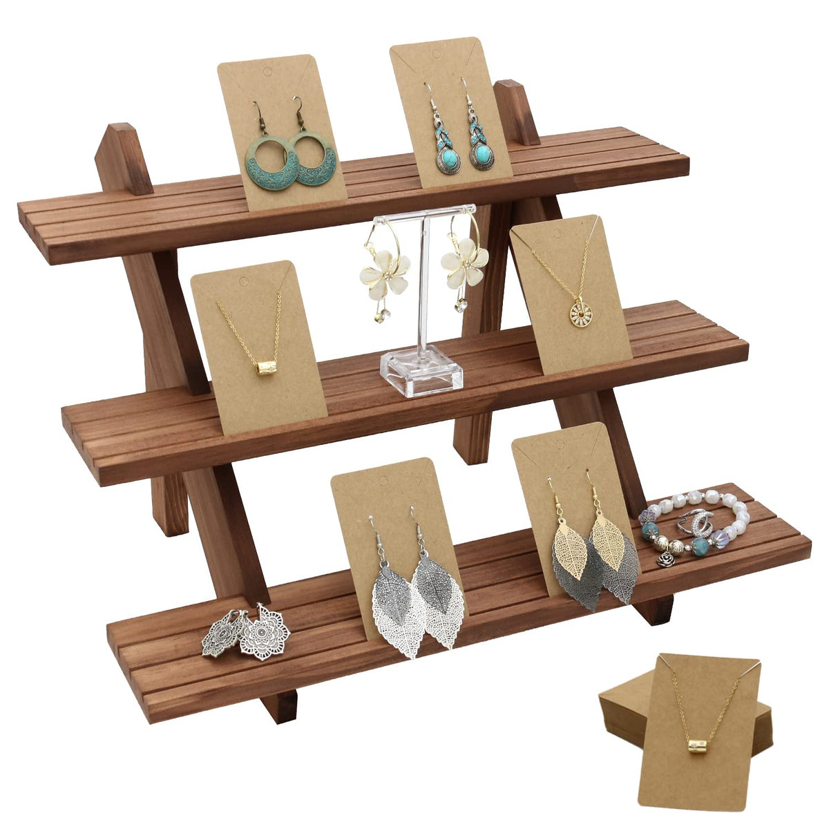 51pcs 3-Tier Wood Earring Display Stand, Retail Display Riser Earring, Ring Holder Stand, Removable Countertop Small Merchandise Display Stand with 50 Pcs Earring Card (Light Brown)