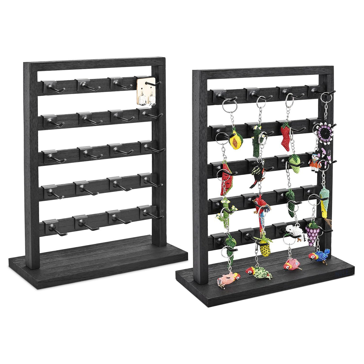 Ikee Design 5 Tiers Free Assemble Wooden Jewelry Display Rack with 20 Removable Metal Hooks,Earring Card Display Stand,Jewelry Organizer,Bracelet Organizer,Keychain Display Stand,Brown Color