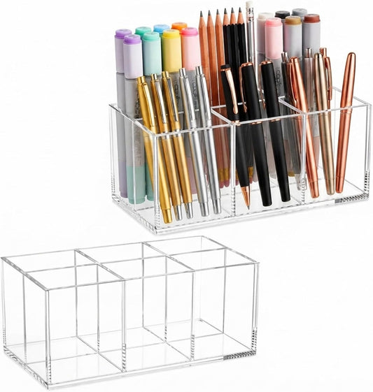 Zhehao 2 Pack Clear Acrylic Desk Organizer, 6-Slot Makeup Brush Holder and Pen Holder, Cosmetic Storage Organizer for Vanity, Bathroom Countertop, Office Desk, Pens, Markers, Lipsticks and Nail Tools