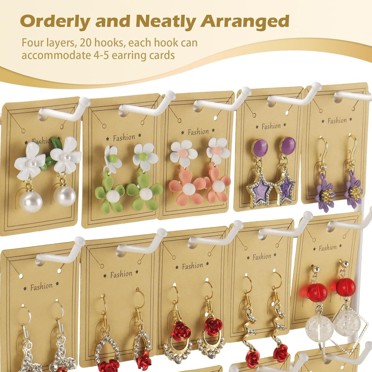 4 Tier and 20 Hooks Wood & Metal White Earrings Holder