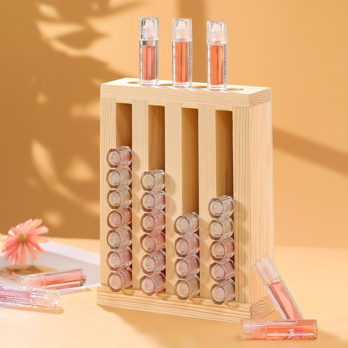 1 Pcs 4 Slot Lip Balm Display 0.7" Wooden Lipstick Holder, Wood Color