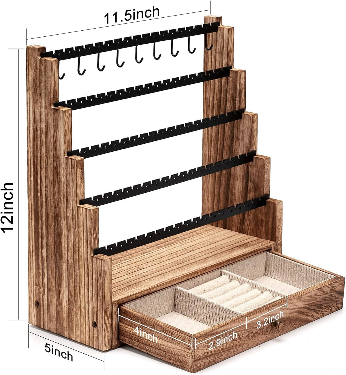 Pinzoveco Earring Organizer, 5 Layer Earring Holder Organizer with Necklace Holder Pole, Rustic Wood Jewelry Organizer Stand Display for Stud Earring Bracelet Necklace Ring, 175 Earring Holes