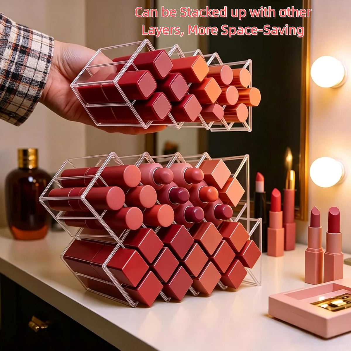 4 Pack Clear Acrylic Lipstick Holders, 64 Slots Stackable Fish Shape Lip Gloss Organizer for Vanity