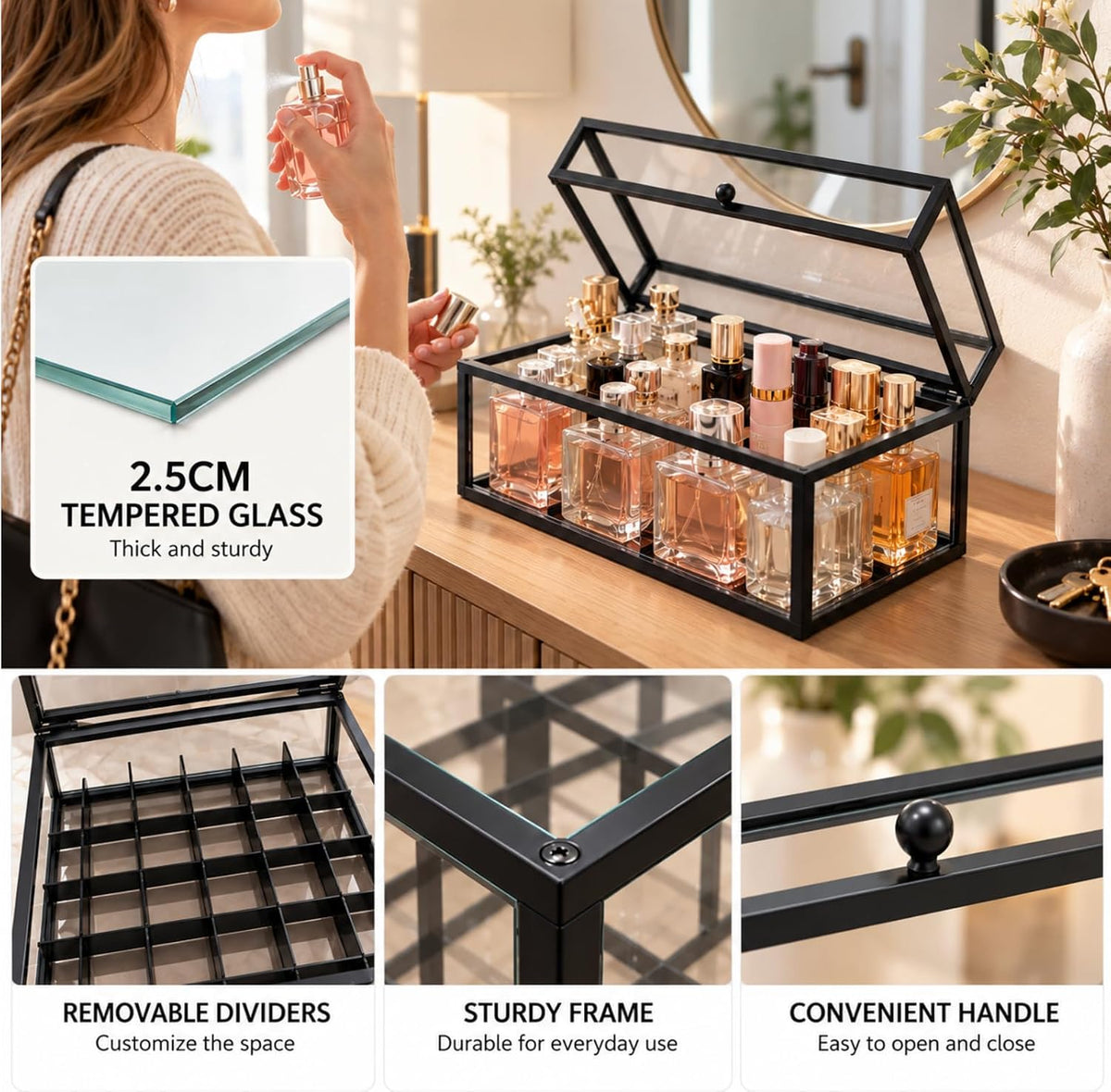 40 Lipsticks Organizer with Lid, Glass Display Box Fits Large Perfume & Skincare, Easy-Access Organiser for Vanity Countertop, Multifunctional Display Box in Any Rooms