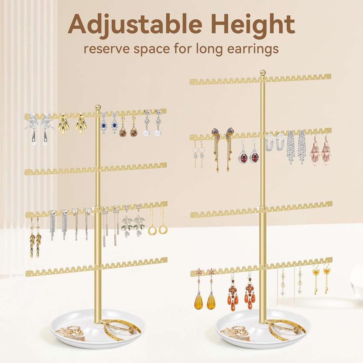 4-Tier Earring Holder Organizer Stand，Stud Earring Organizers and Storage with Ring Tray, Adjustable Earring Rack Jewelry Display Tree, 96 Holes and 88 Grooves for Earrings for Women Girls