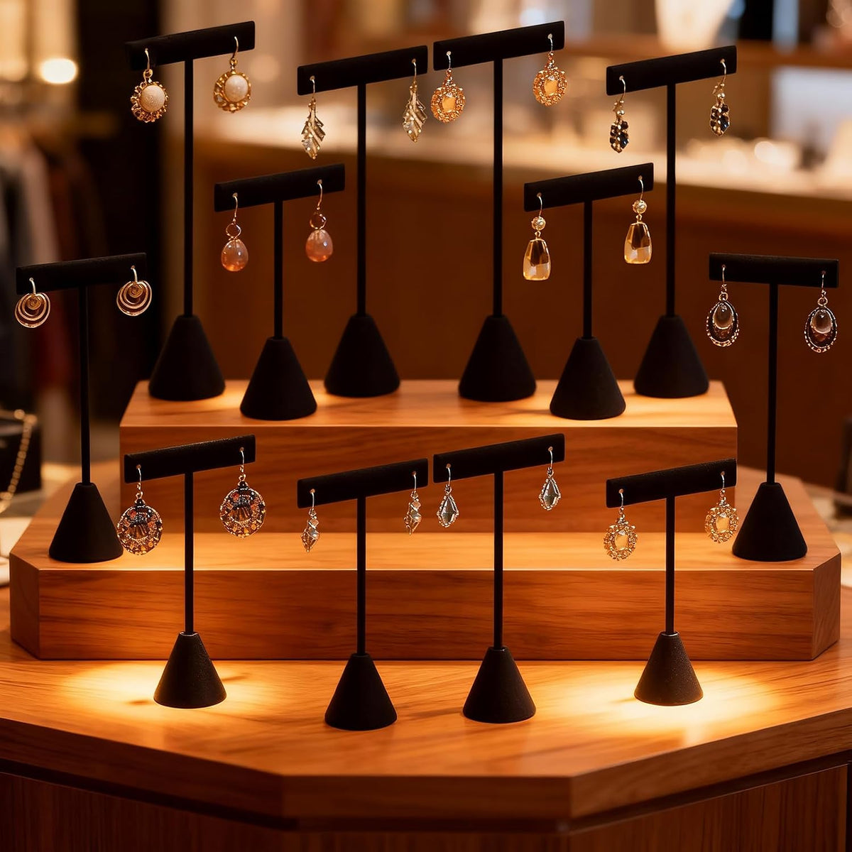 12 Pcs Black T-Bar Earring Display Stand with 3 different Heights, Metal Earring Holder with Stable Base and Velvet Cloth, for Countertop Selling Shows Stud Hoop