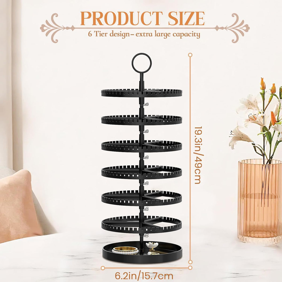 iDavosic.ly 6 Tier Rotating Earring Holder Organizer, Metal Tray, Black