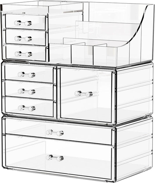 Yieach 3 Pack Clear Makeup Organizer Countertop for Dresser,Vanity and Bathroom Counter Organizer,Tiered Stackable Makeup Acrylic Organizers with 9 Drawer for Skincare,Brush and Make up Holders