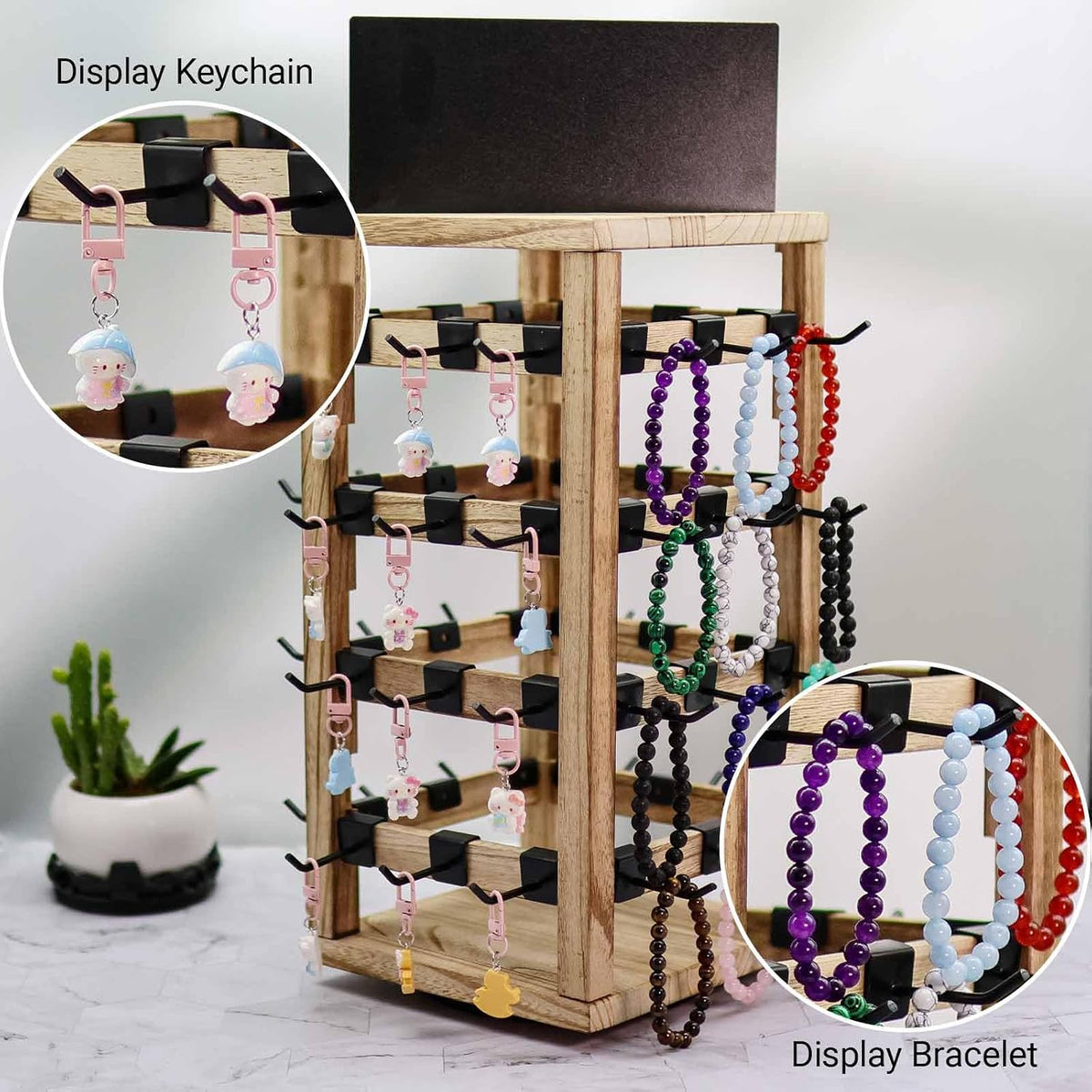 Rotating Jewelry Stand-48 Removable Hooks & Ad Board For Vendor(Brown)