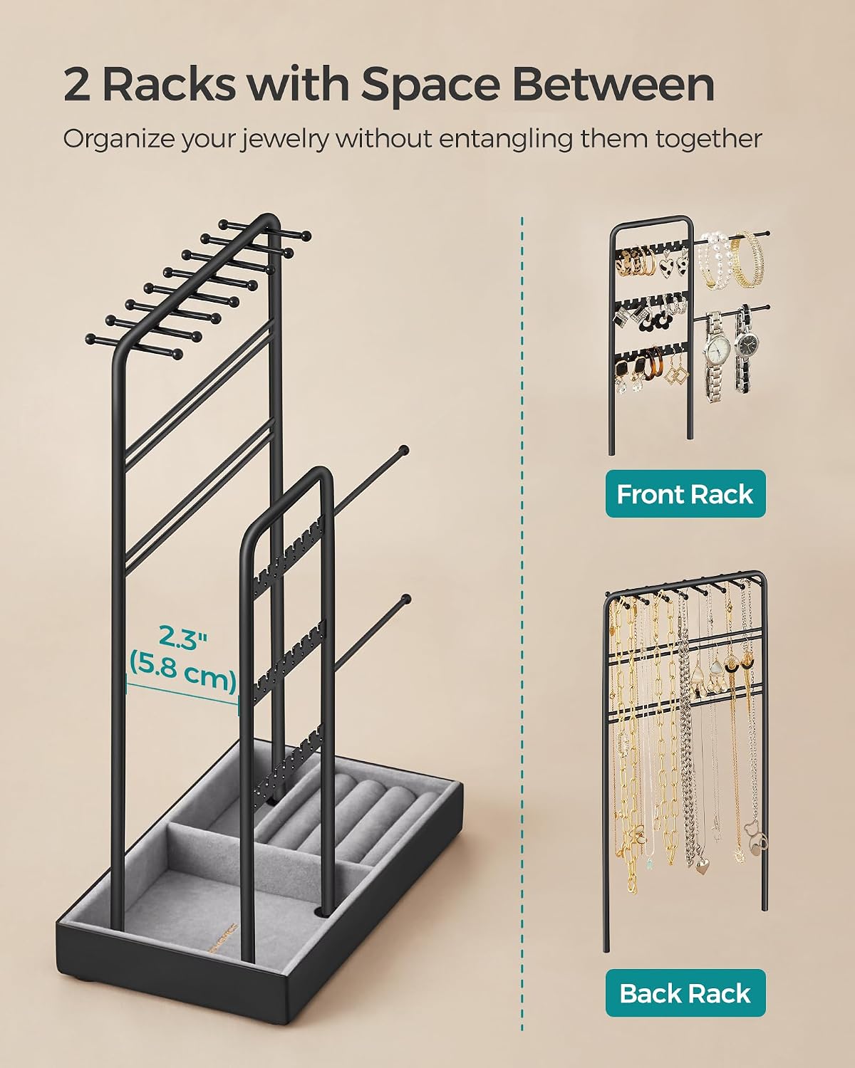 SONGMICS Jewelry Holder, Display Stand, Metal Frame, Velvet Tray