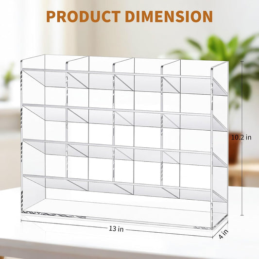 TrailBlaze Acrylic Pen Holder, Multi‑Compartment Marker Organizer, Clear Desk Marker Display Storage Rack for Office Art Supplies Makeup Lipsticks, 13 x 4 x 10.2 Inch