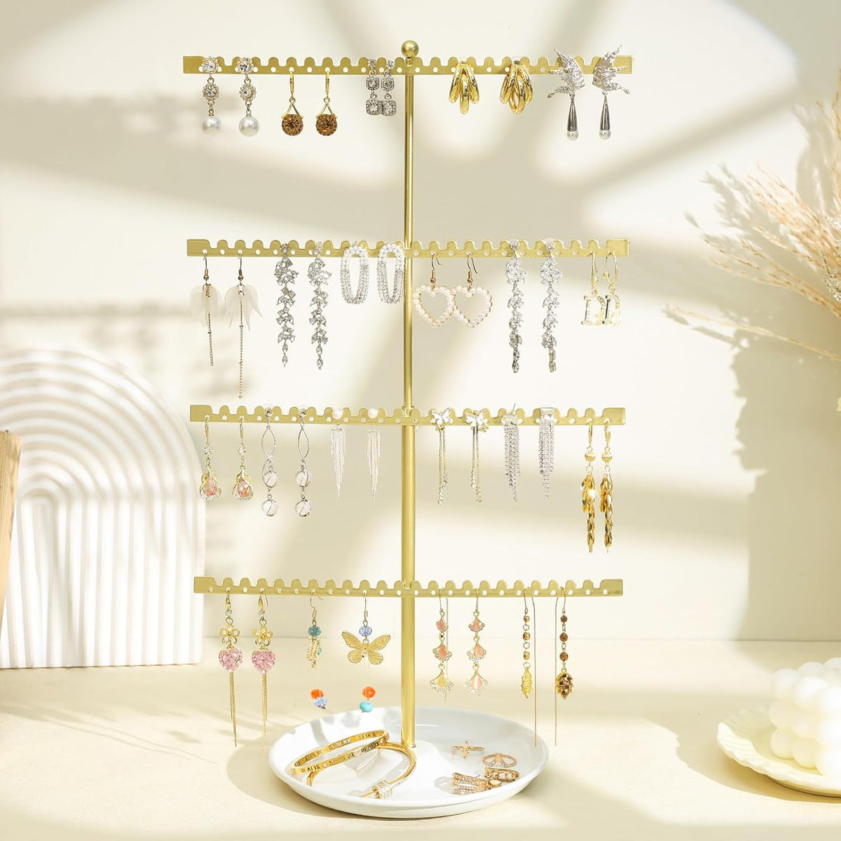 4-Tier Earring Holder Organizer Stand，Stud Earring Organizers and Storage with Ring Tray, Adjustable Earring Rack Jewelry Display Tree, 96 Holes and 88 Grooves for Earrings for Women Girls