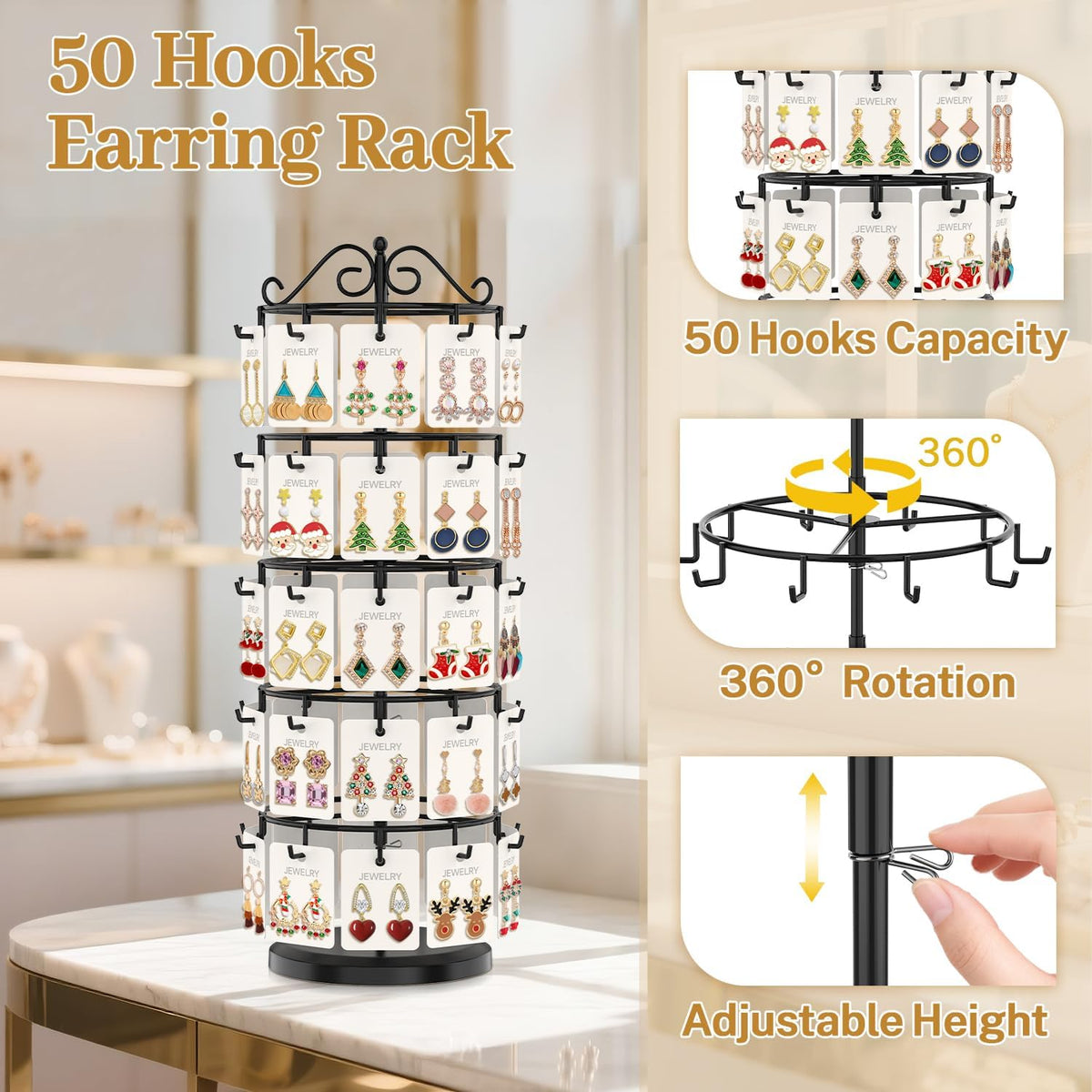 MODOWEY Earring Card Display Stand Metal Holder for Vendors, 50 Hooks Black