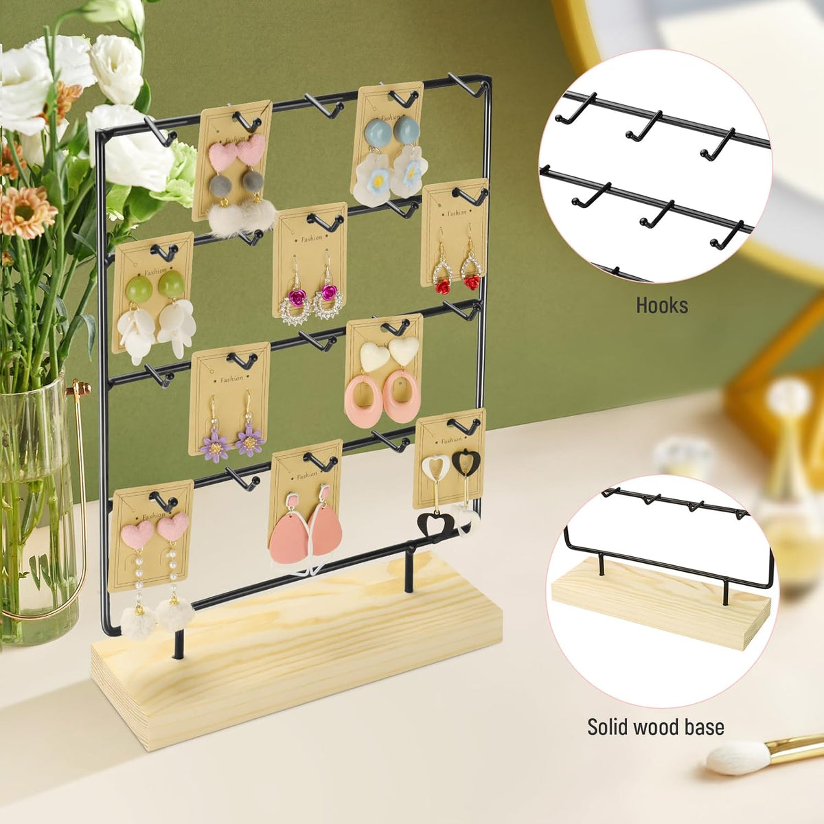 Earring Display Stands for Selling 4 Tier 20 Hooks Jewelry Display Wooden Base Earring Holder Organizer Display Stand for Earings Necklaces Rings Bracelets Keychains (Black)