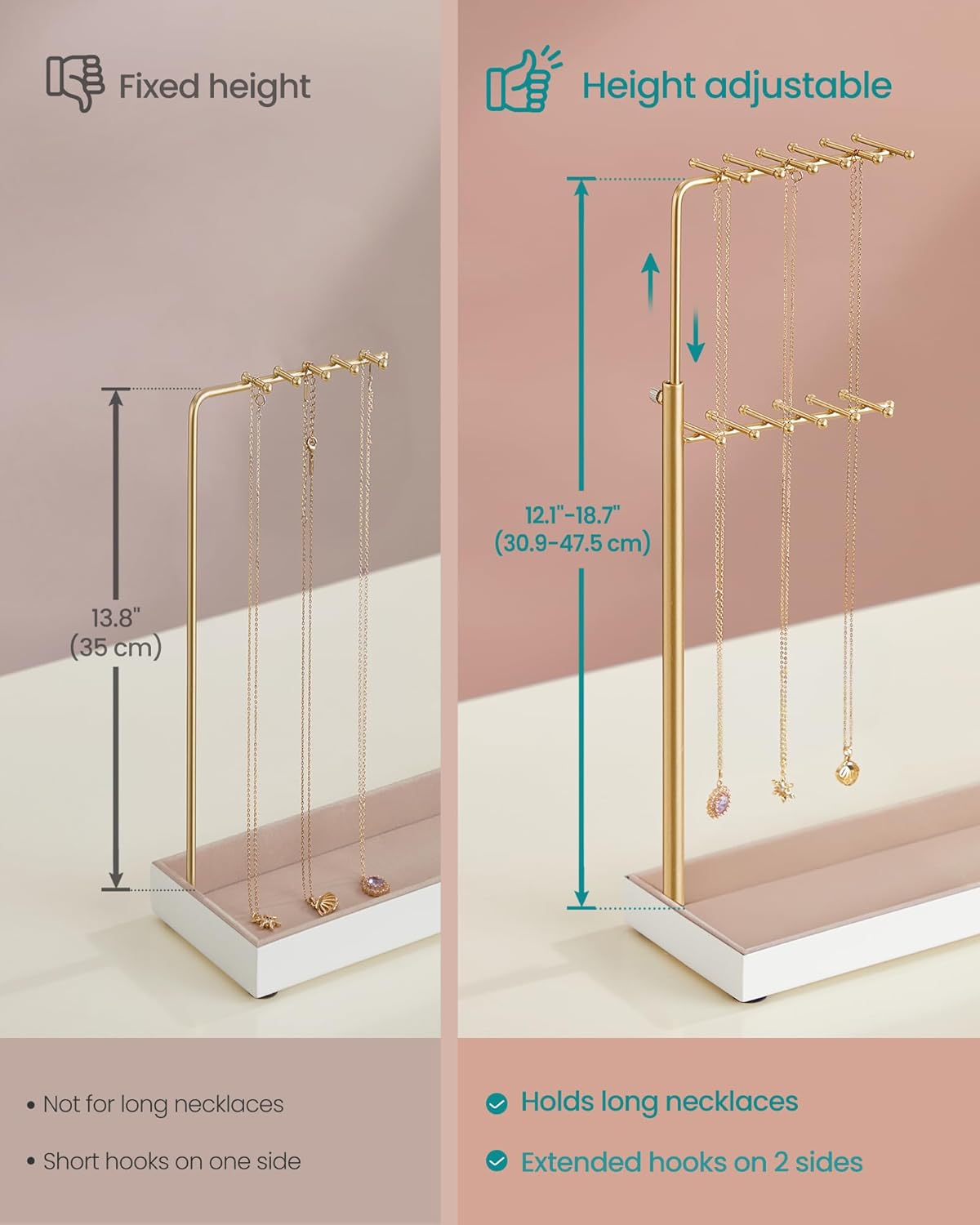 SONGMICS Jewelry Holder, 12.1 to 18.7 Inches Height Adjustable Stand