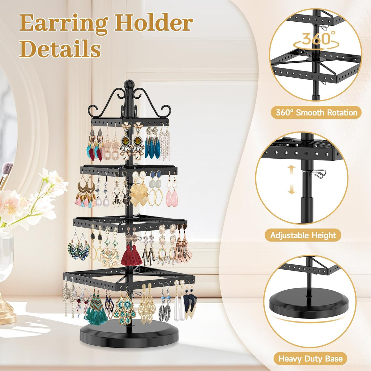 MODOWEY Rotating Earring Holder Organizer Stand Metal Display, 4 Tier Black