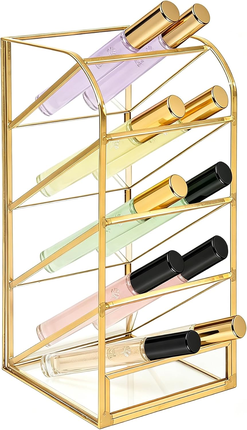 Rollerball Perfume Organizer, 5 Compartment Slanted Fragrance Organize, Glass Lipstick Organizer, Beauty Scent Holder, Clear