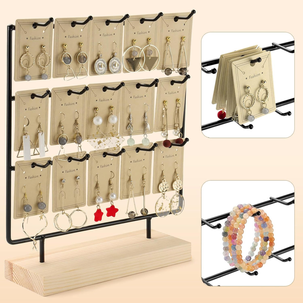 Earring Display Stands for Selling, 3 Tier 15 Hooks Wood Jewelry Organizer