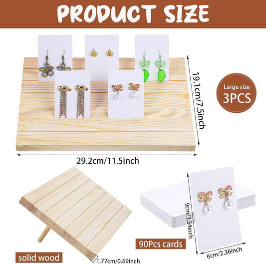 93 Pcs Wood Earring Display Stand Set - 3 Stands with 90 Cards & Support Rods for Jewelry Selling & Photo Display