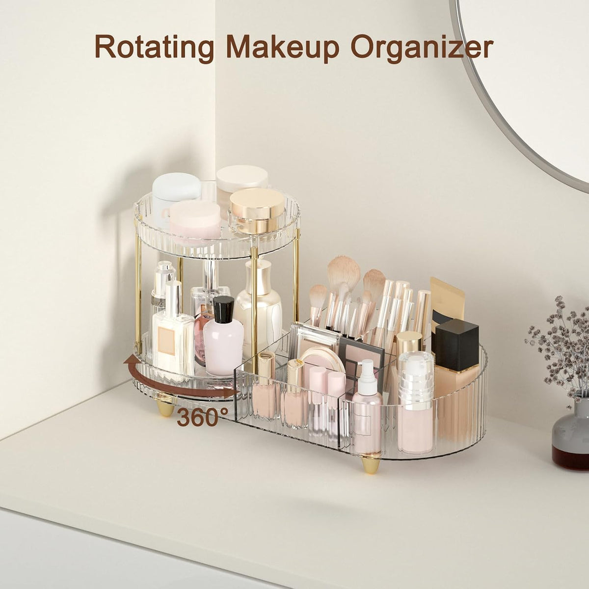 Makeup Organizer Countertop for Vanity, Rotating Perfume Tray with 5-compartment Cosmetic and Skincare Organizers, Multi-Purpose Desk Storage Makeup Brush Holder for Bathroom Bedroom Counter