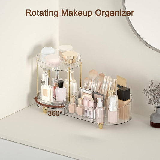 Makeup Organizer Countertop for Vanity, Rotating Perfume Tray with 5-compartment Cosmetic and Skincare Organizers, Multi-Purpose Desk Storage Makeup Brush Holder for Bathroom Bedroom Counter