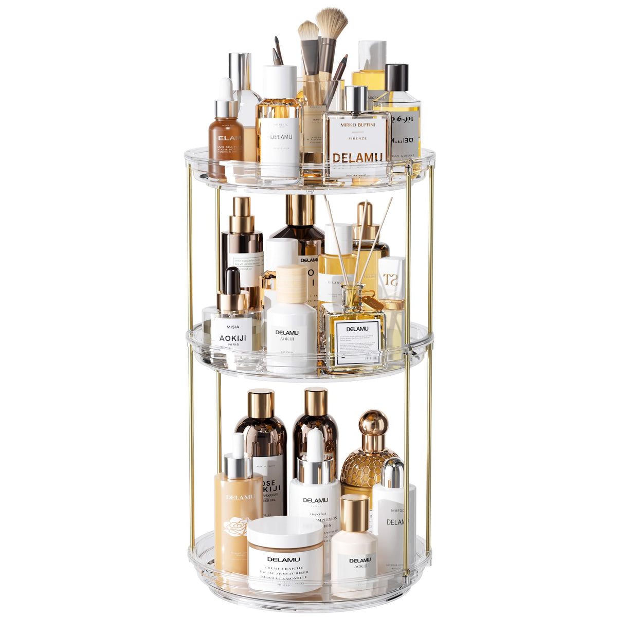 Delamu Rotating Makeup Organizer for Vanity, 2 Tier Bathroom Counter Organizer with Stackable Design, Spinning Skincare Organizer for Bathroom Countertop, Perfume Cosmetic Storage, Clear