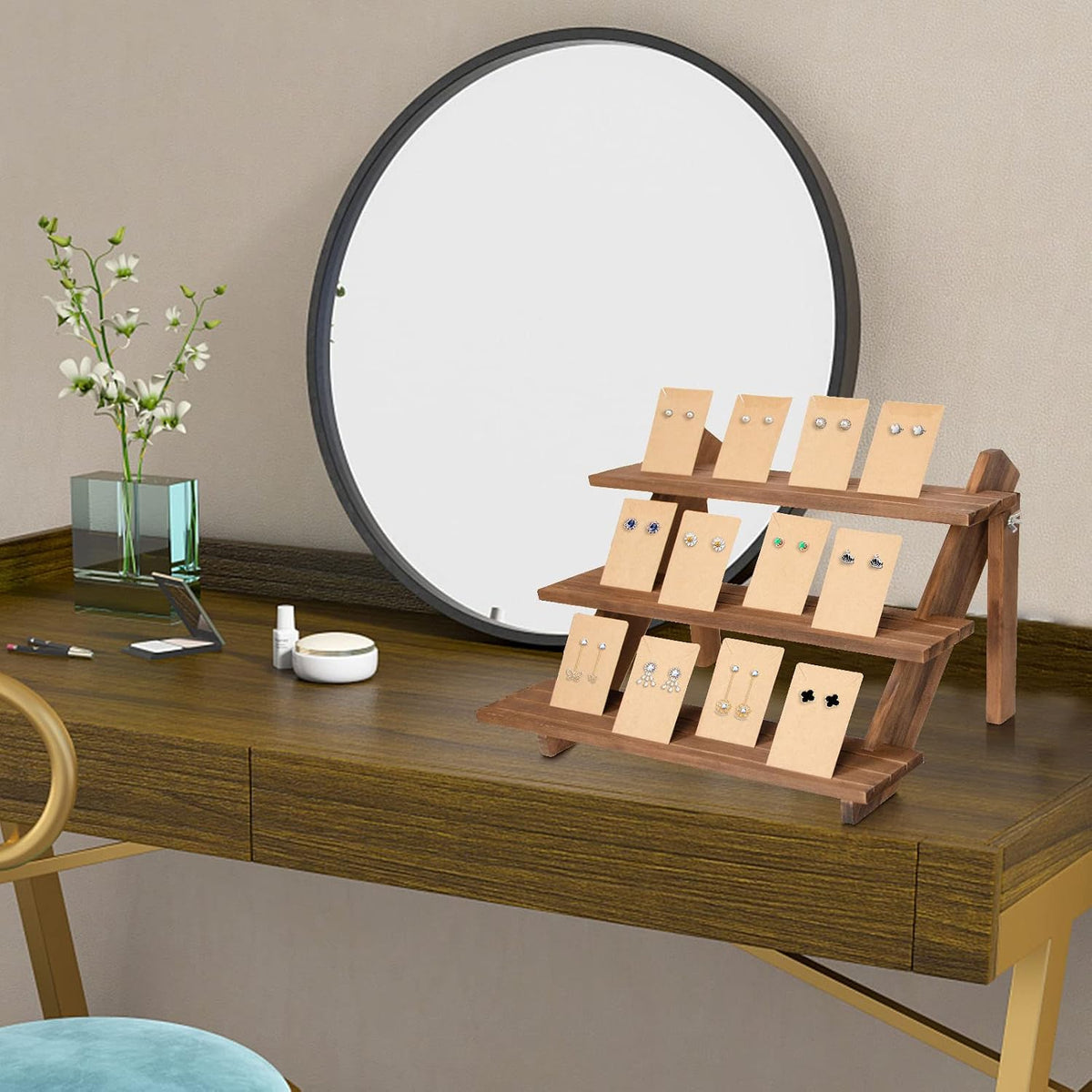 ZYP 3-Tier Wood Earring Display Stand for Selling,Portable Jewelry Display