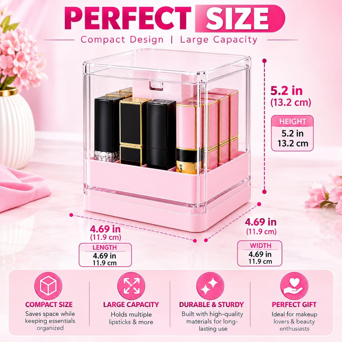 Press up Lipstick Organizer & Holder, Acrylic Lip Gloss Organizer, Pink
