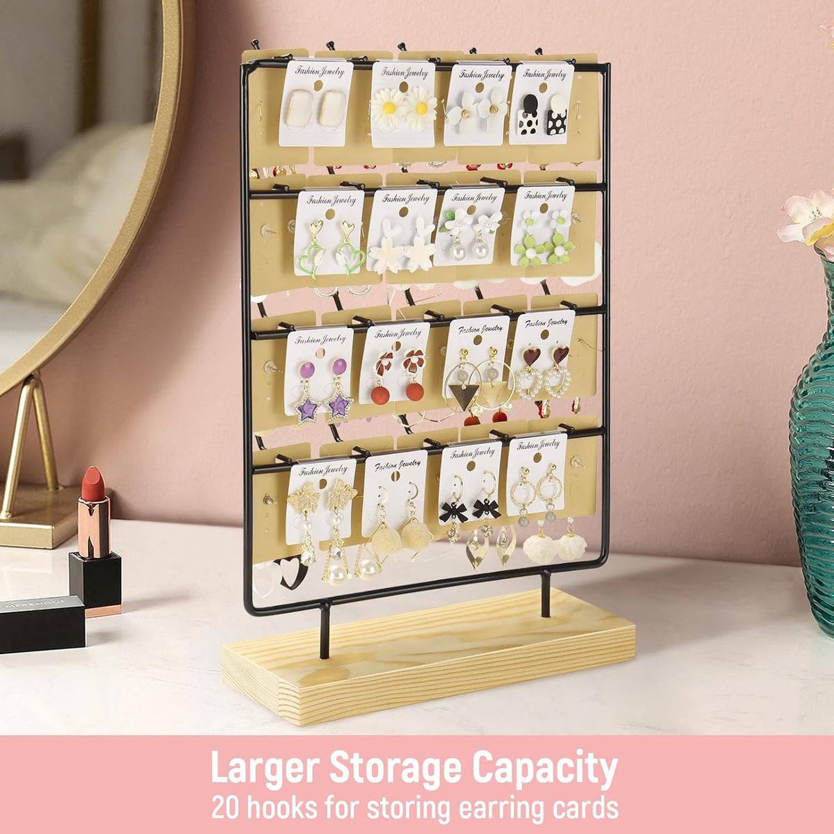 Earring Display Stands for Selling 4 Tier 20 Hooks Jewelry Display Wooden Base Earring Holder Organizer Display Stand for Earings Necklaces Rings Bracelets Keychains (Black)