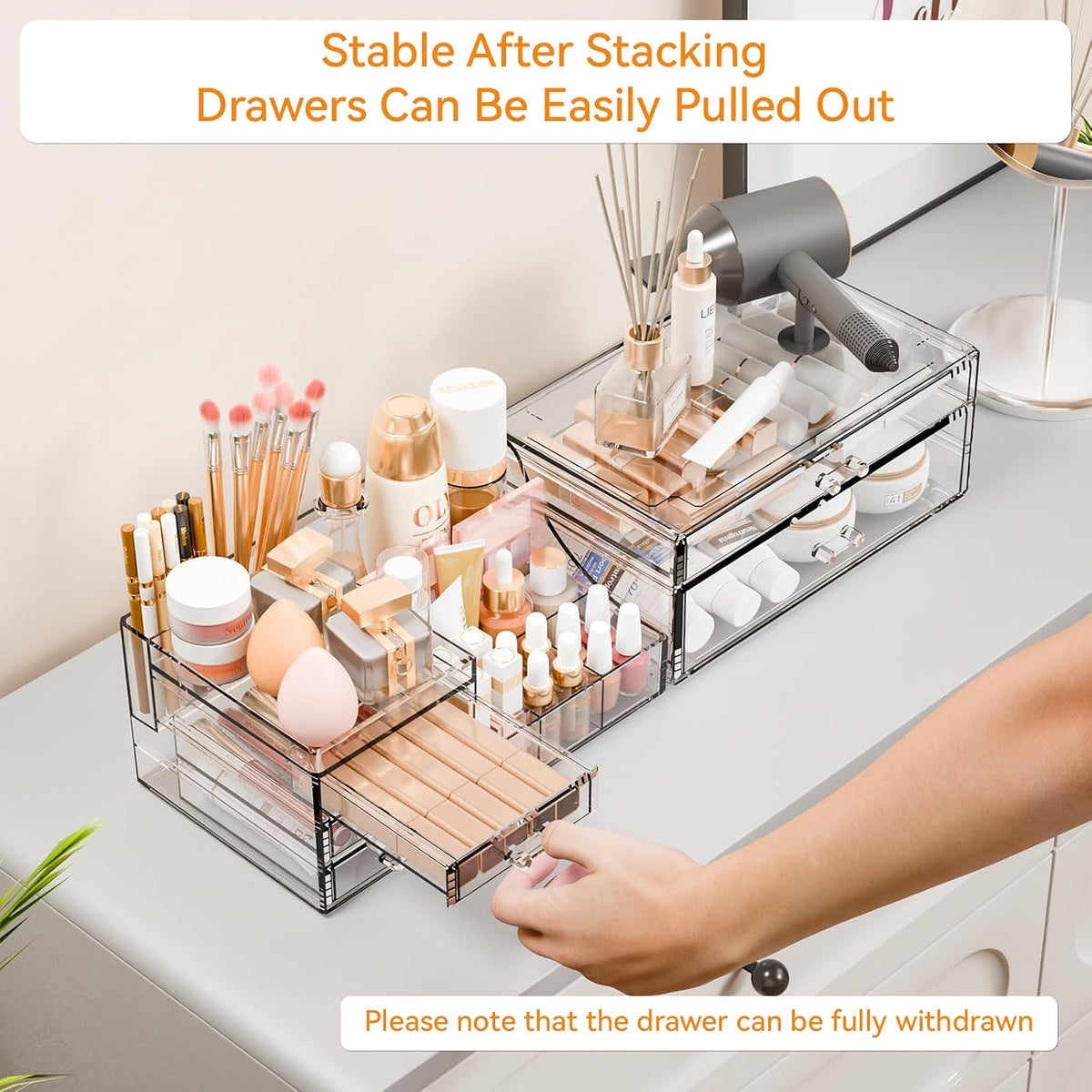 Yieach 2 Pack Clear Makeup Organizer Countertop for Dresser,Vanity and Bathroom Counter Organizer,Tiered Stackable Makeup Acrylic Organizers with 5 Drawer for Skincare,Brush and Make up Holders