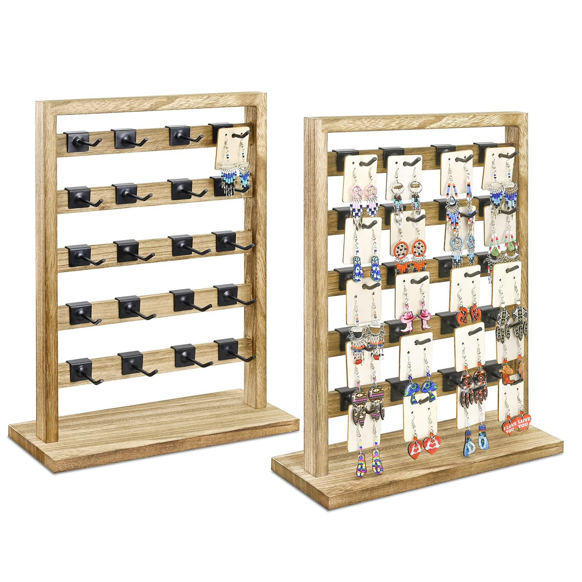 Ikee Design 5 Tiers Free Assemble Wooden Jewelry Display Rack with 20 Removable Metal Hooks,Earring Card Display Stand,Jewelry Organizer,Bracelet Organizer,Keychain Display Stand,Brown Color