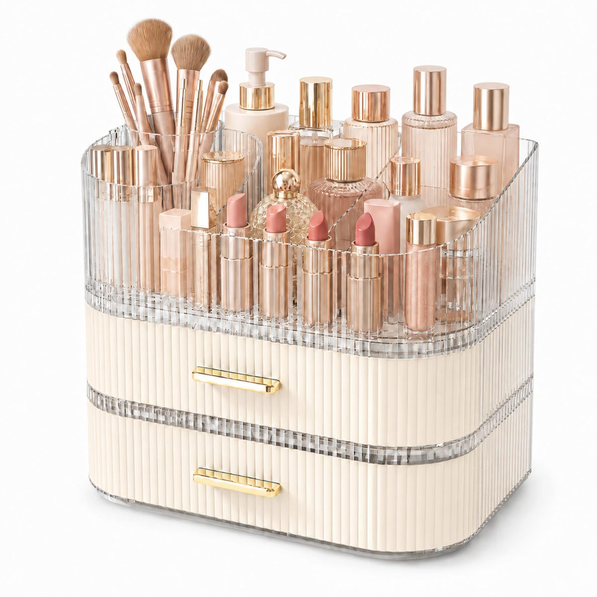 360° Rotating Makeup Organizer with Drawer, Clear Acrylic Cosmetic Storage Display, Stackable Beauty Counter (Clear, Large (Tray + 1 Drawer))