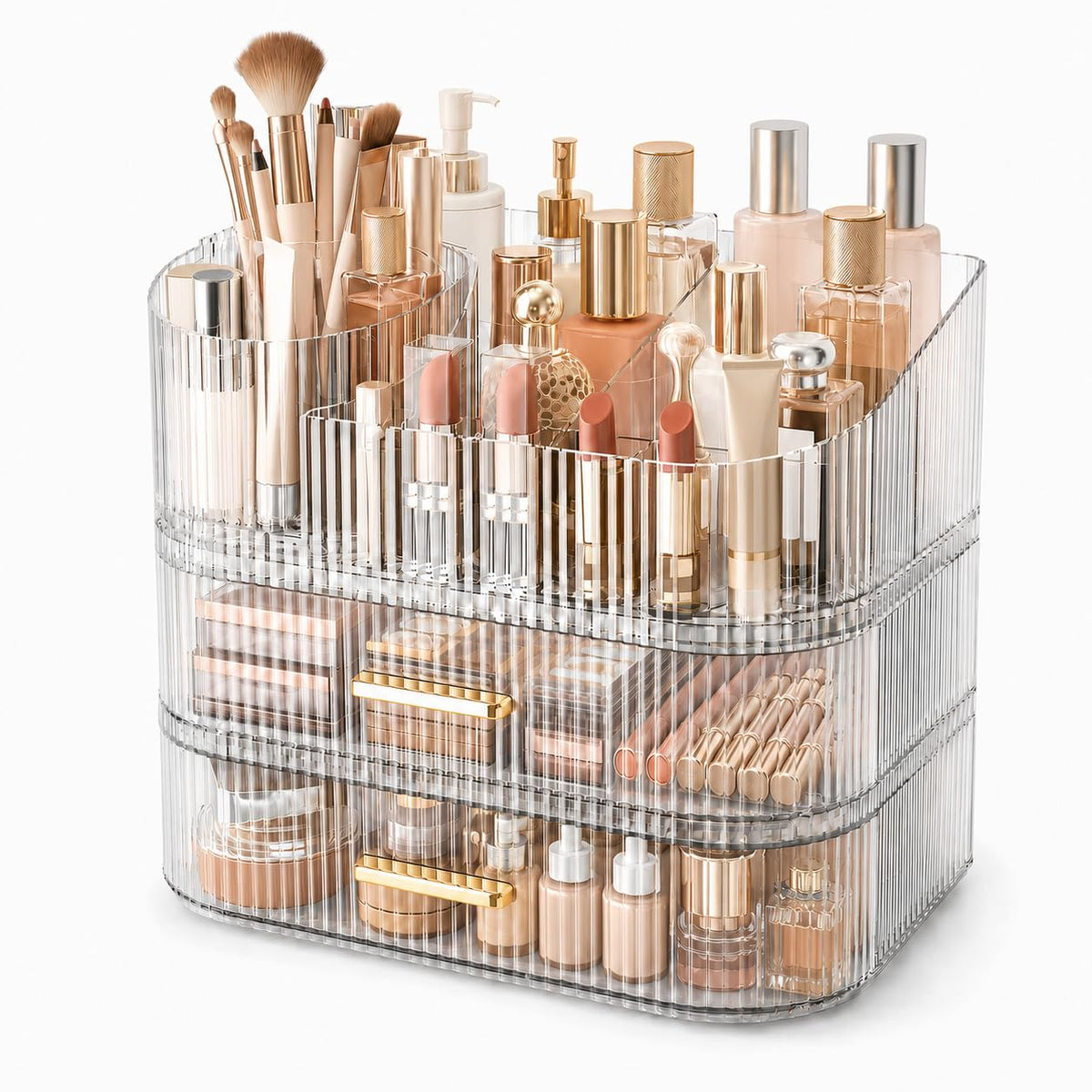 360° Rotating Makeup Organizer with Drawer, Clear Acrylic Cosmetic Storage Display, Stackable Beauty Counter (Clear, Large (Tray + 1 Drawer))