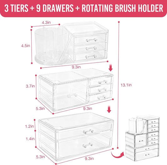 ShineMe Clear Makeup Organizer with 9 Drawers, 3 Tier Stackable Makeup Storage Organizer with Rotating Brush Holder, Acrylic Countertop Makeup Organizer for Vanity Skincare Jewelry Hair Accessories