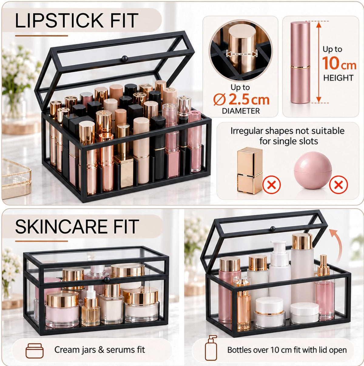 40 Lipsticks Organizer with Lid, Glass Display Box Fits Large Perfume & Skincare, Easy-Access Organiser for Vanity Countertop, Multifunctional Display Box in Any Rooms