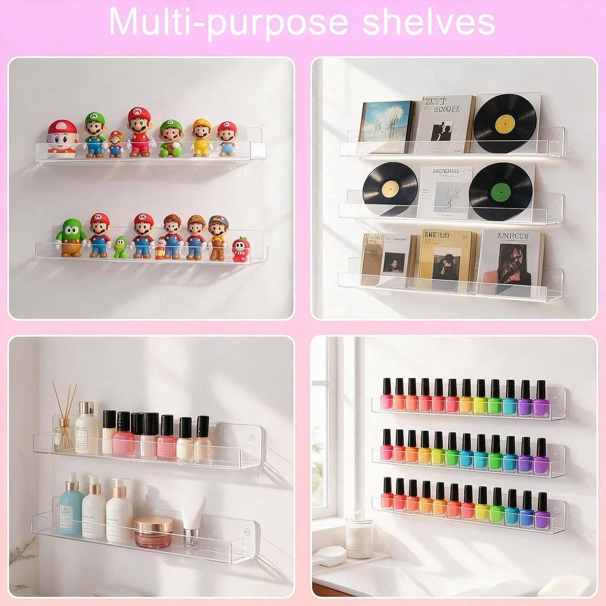 6-Pack Acrylic Nail Polish Wall Rack, 15 Inch Clear Nail Shelves