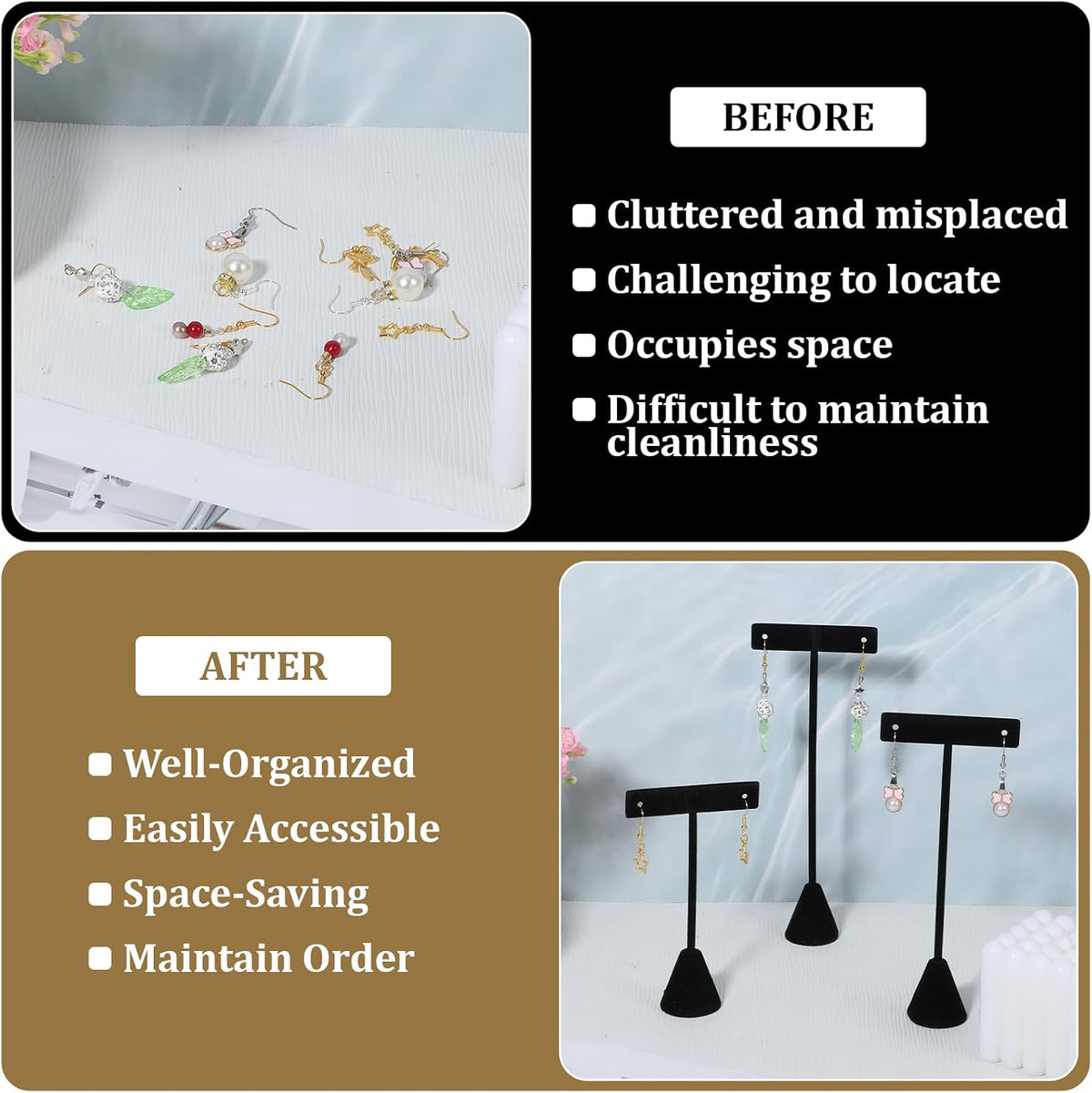 12 Pcs 3 Sizes Earring T Stand Display,Black Velvet Earrings Holder 4.5/6/6.7 Inch Metal Earring Display Storage Rack No Assembly for Jewelry Storage Selling Show