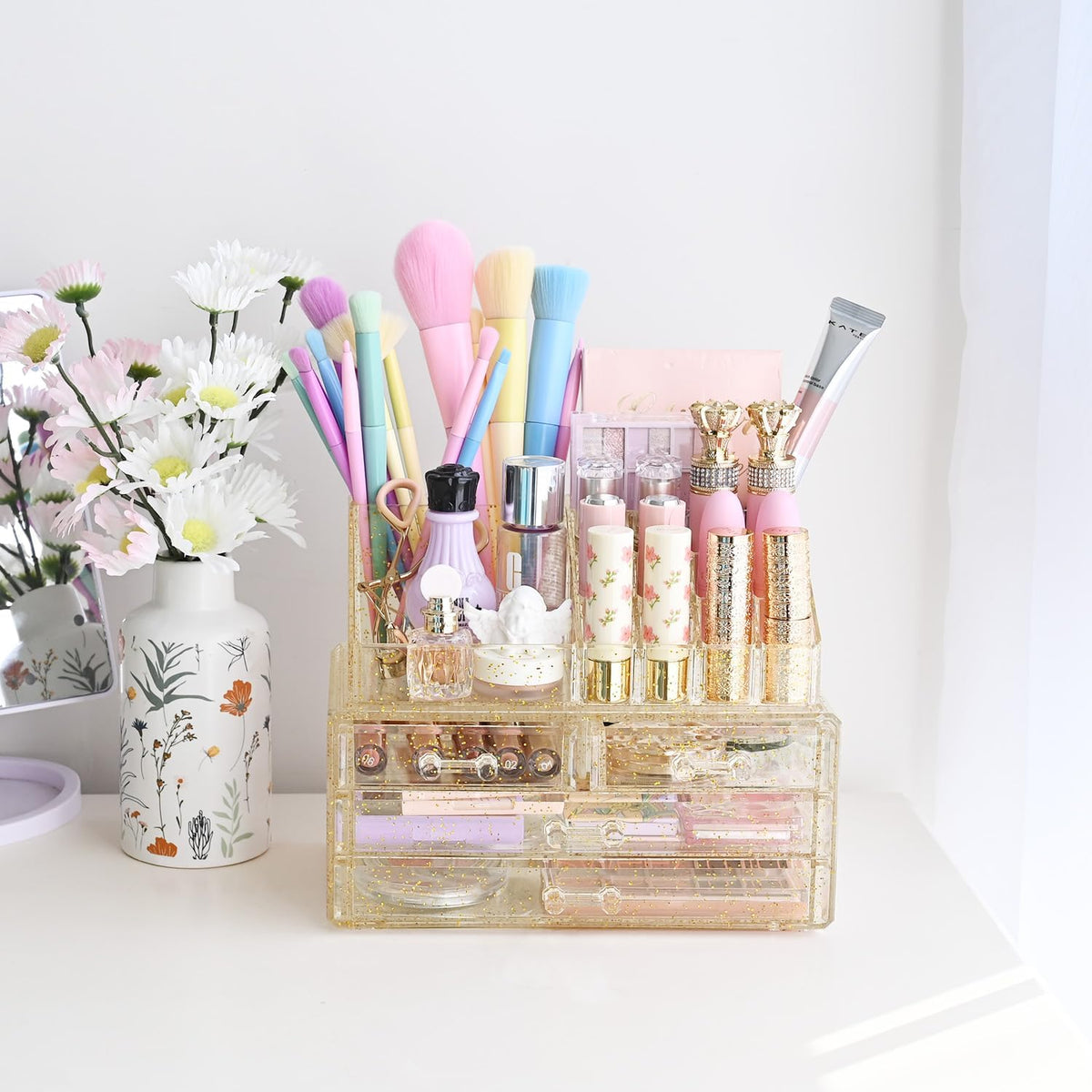 Ikee Design Acrylic Clear Makeup Cosmetics Lip Gloss Organizer,Gold