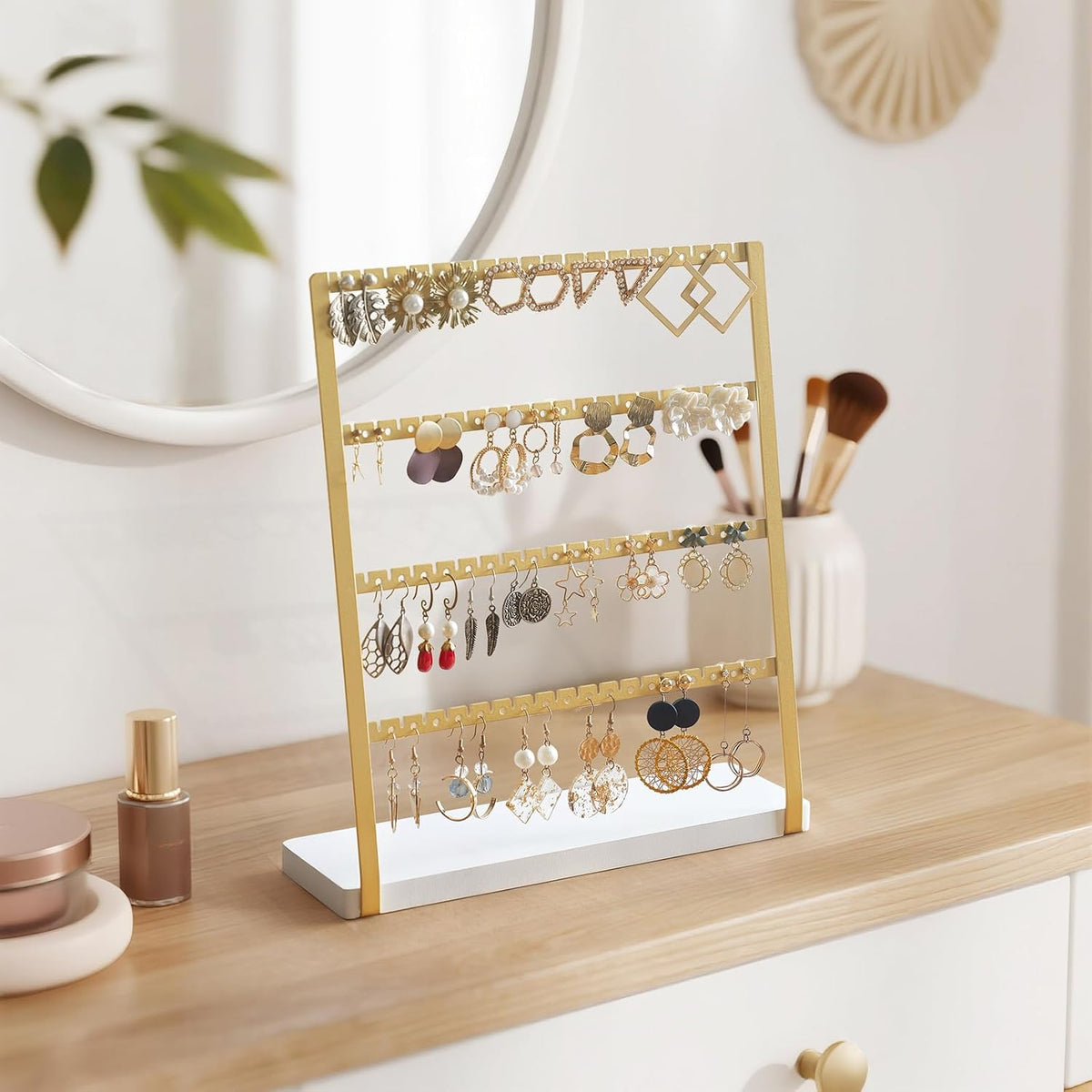 Mkono 4-Tier Earring Holder Organizer Gold Metal Jewelry Display Stand Rack