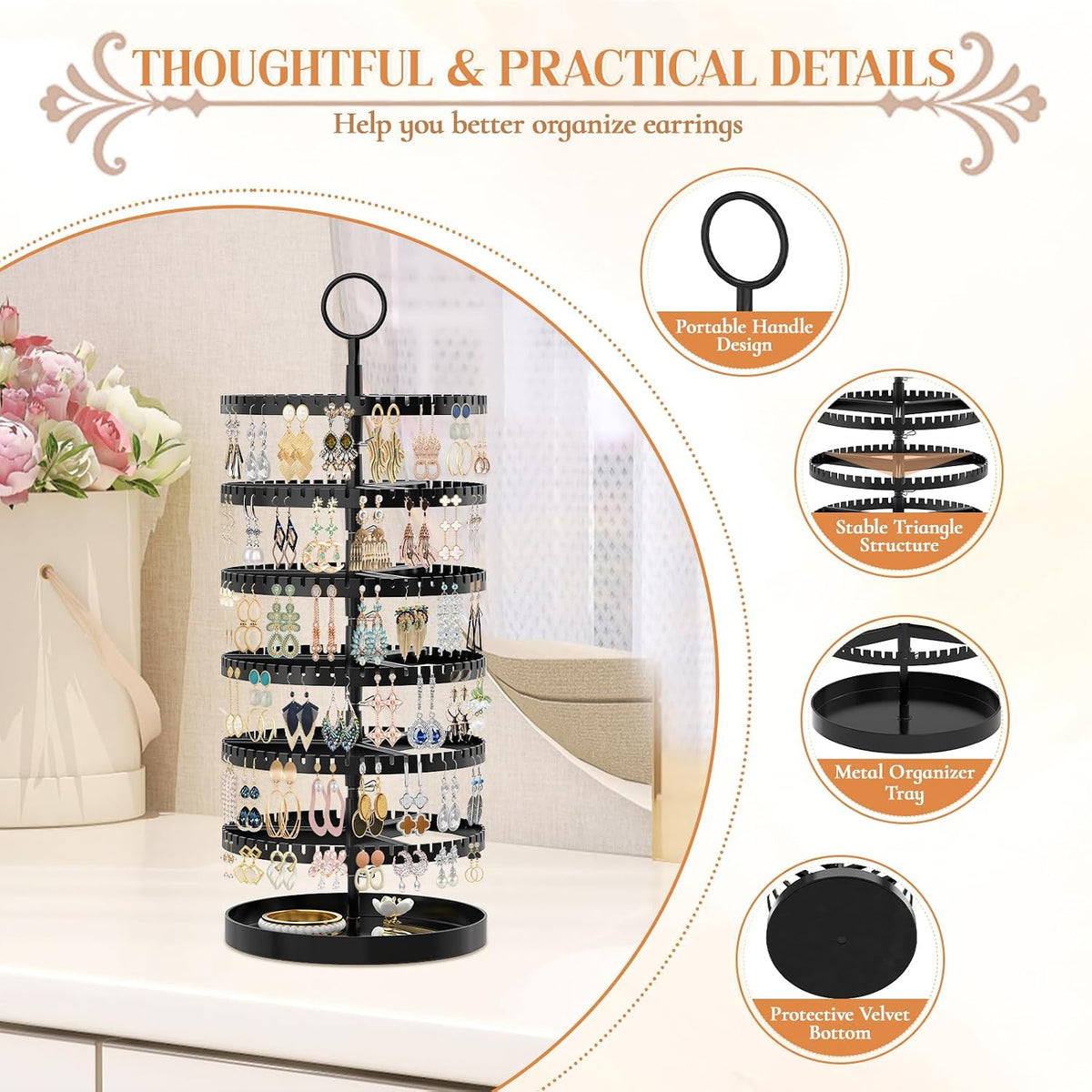 iDavosic.ly 6 Tier Rotating Earring Holder Organizer, Metal Tray, Black