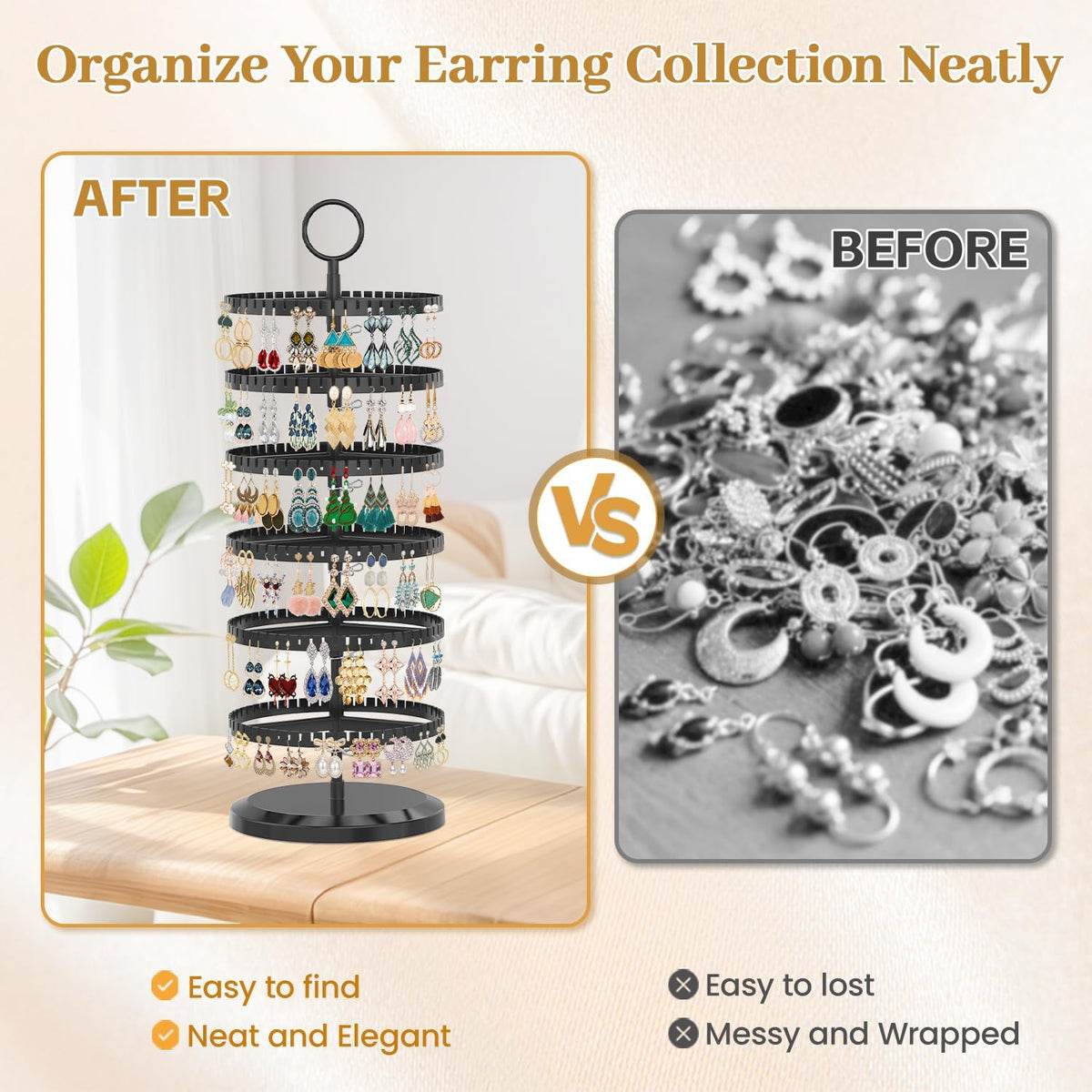 MODOWEY Rotating Earring Holder Organizer Adjustable Display, 6 Tiers Black