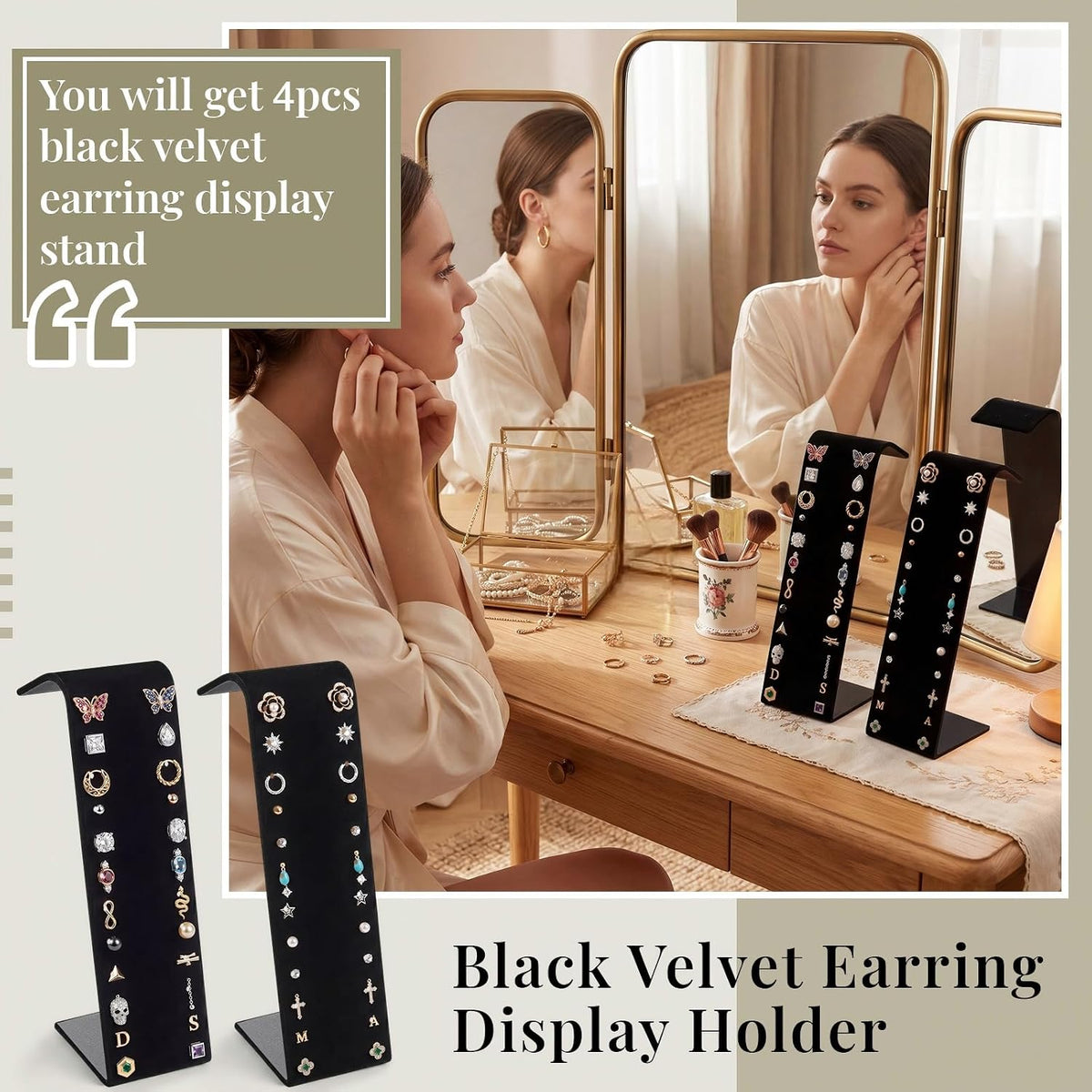 RattanView 4 Pcs Black Velvet Earring Display Stand for 12 Pairs of Earrings 2 W x 2 3/4 D x 7 1/4 H in Velvet Earring Display Holder for Selling Home Retail Store Craft Fair