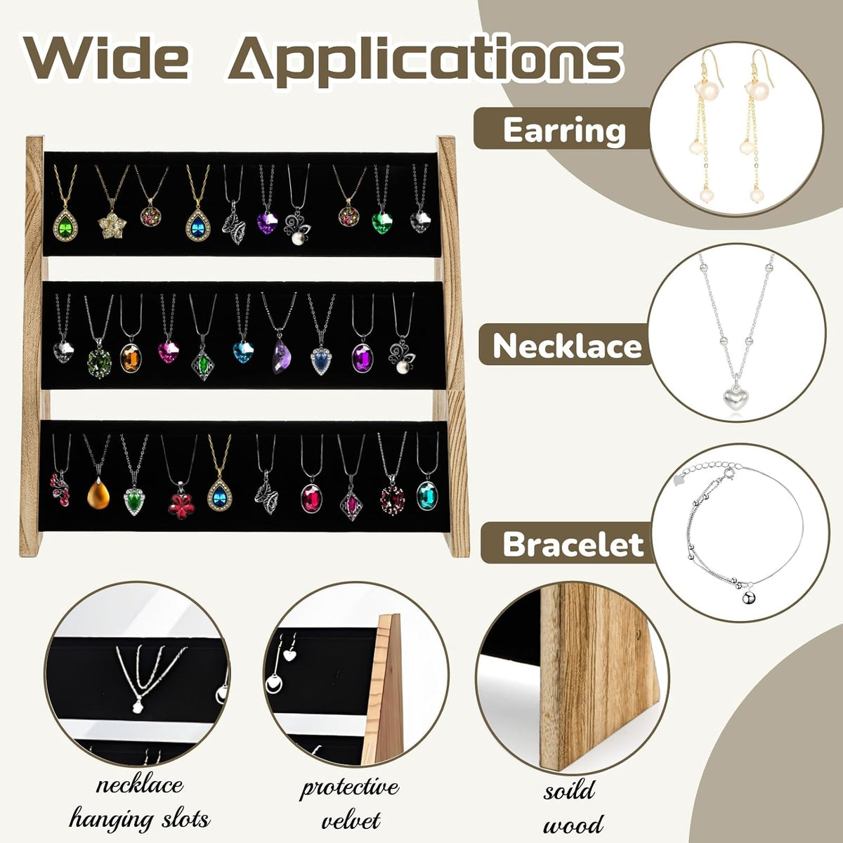 3 Tier Necklace Display Stand, Wood Jewelry Holder with Velvet