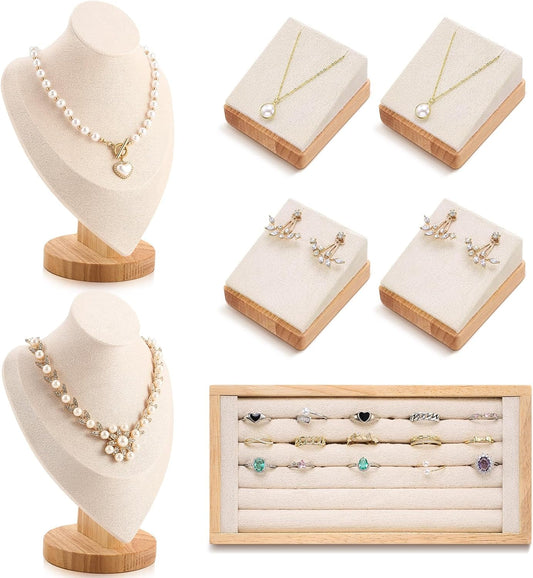 RattanView 7 Pcs Velvet Jewelry Display Set for Vendors, Beige, Classic