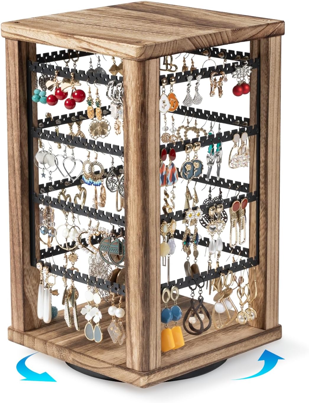 Emfogo 360 Earring Holder Organizer, Rustic Wood Earring Stand, Rotating Wooden Display, 4 Tiers Earring Organizer Stand for Stud Earrings, Hoop Earrings & Necklaces, Women Gifts